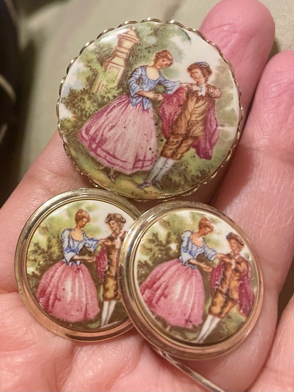 Vintage Porcelain Fragonard-ish Couple Pin and Earrings Set - Pink & Blue